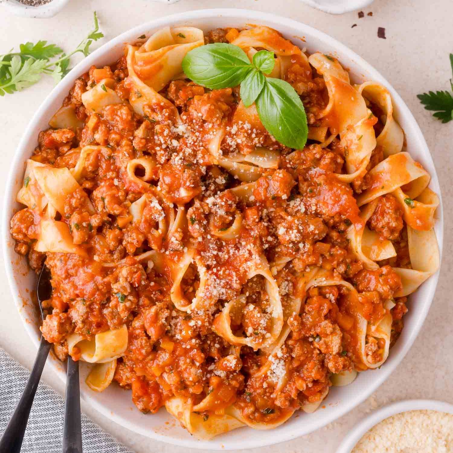 Turkey bolognese on ribbon style pasta.