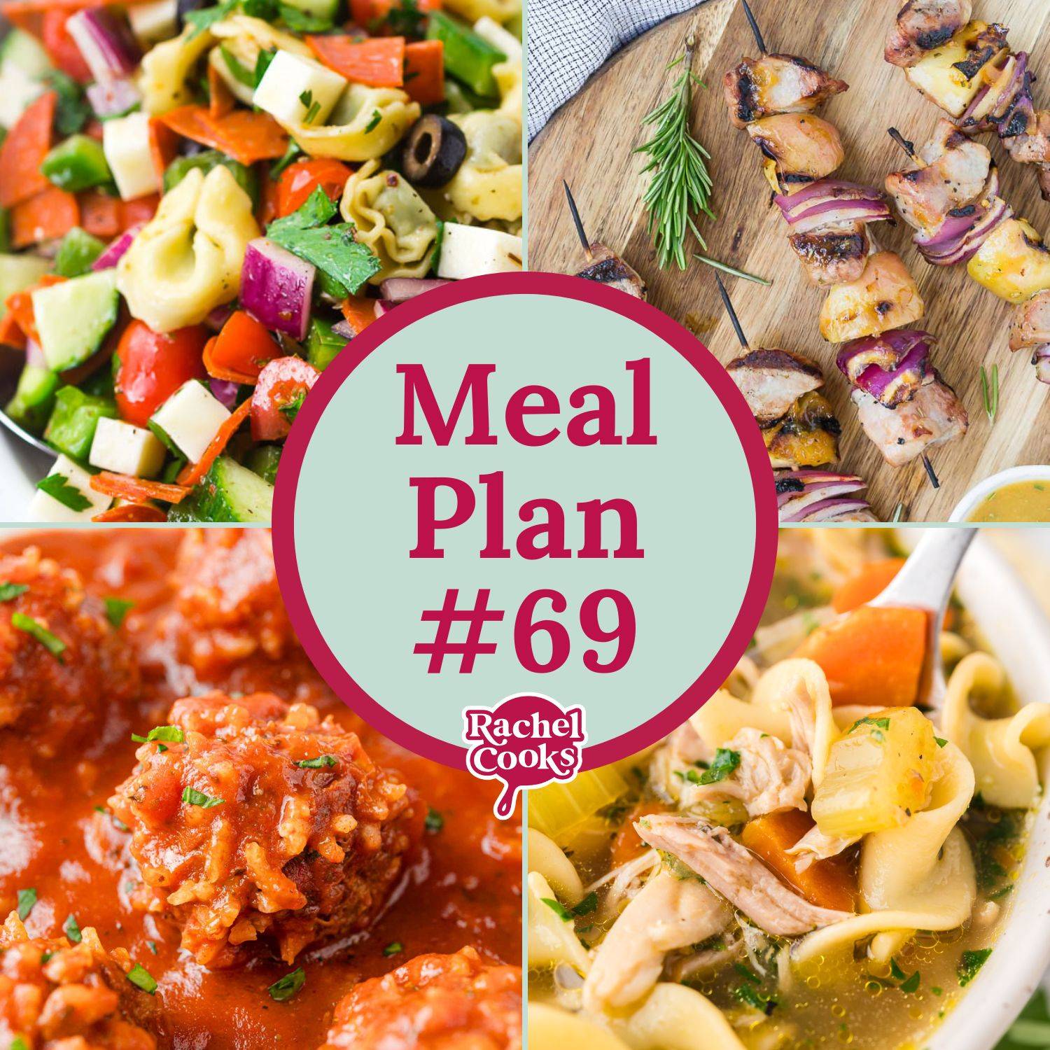 Meal plan graphic, with four recipe photos, and text that reads "meal plan #69."