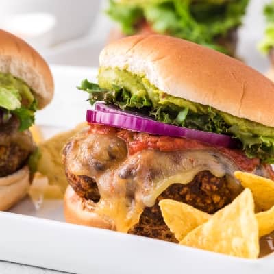 Turkey burger with toppings.