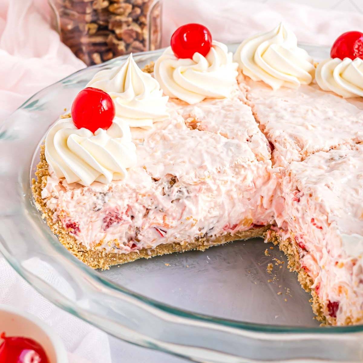 Millionaire pie, one large slice removed from pie plate.