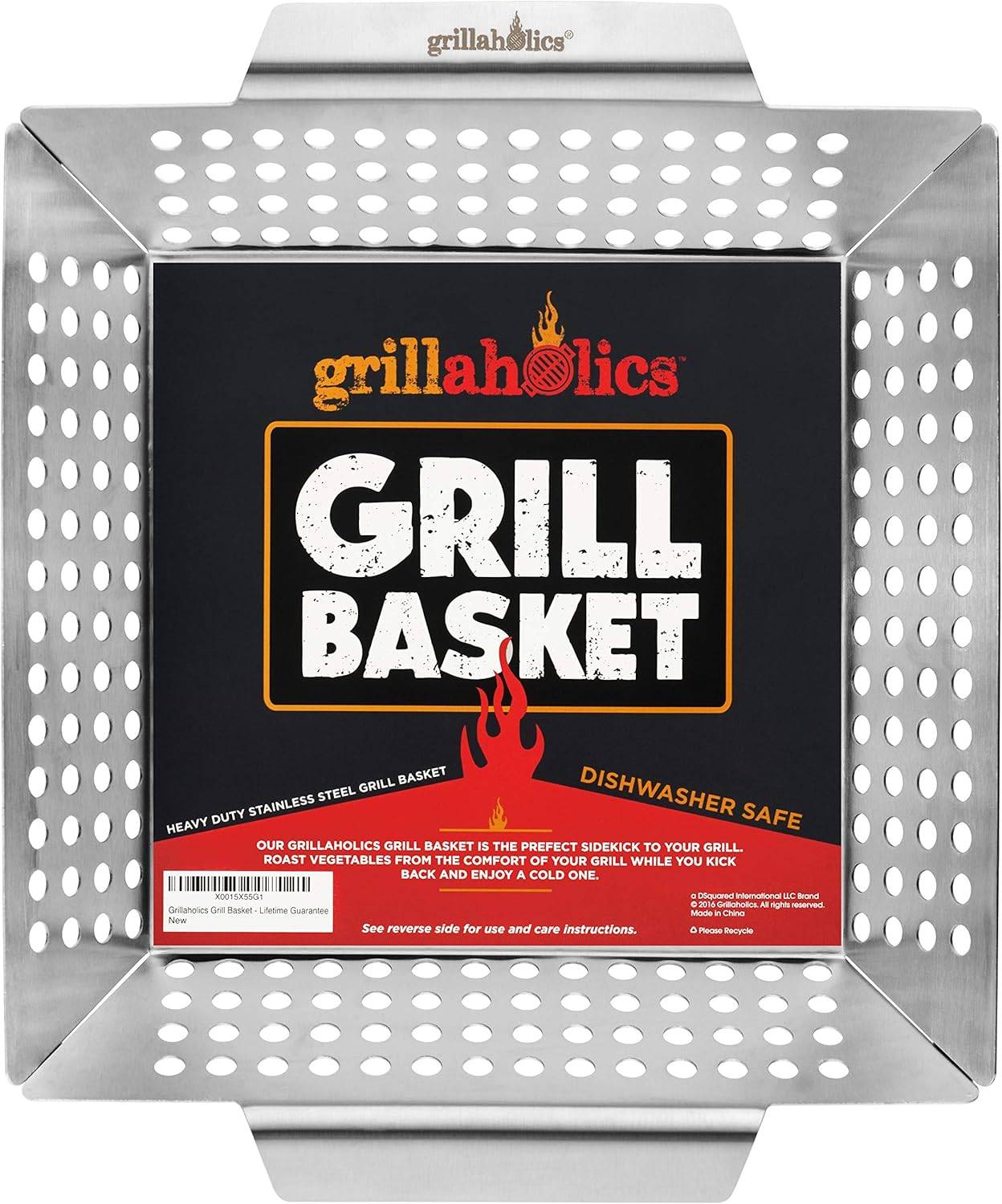 Grill basket with label.