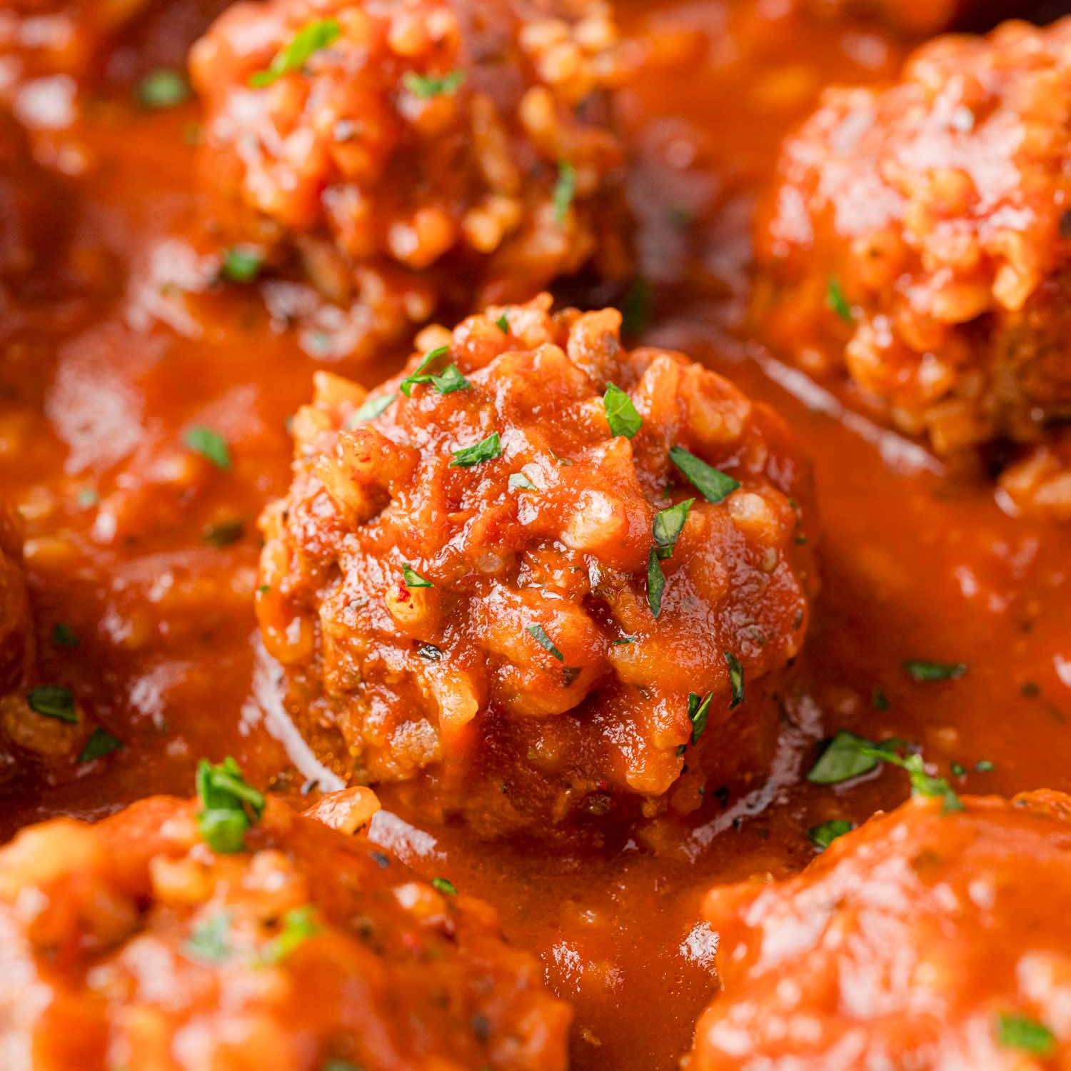 Porcupine meatballs, studded with rice, in a tomato based sauce.