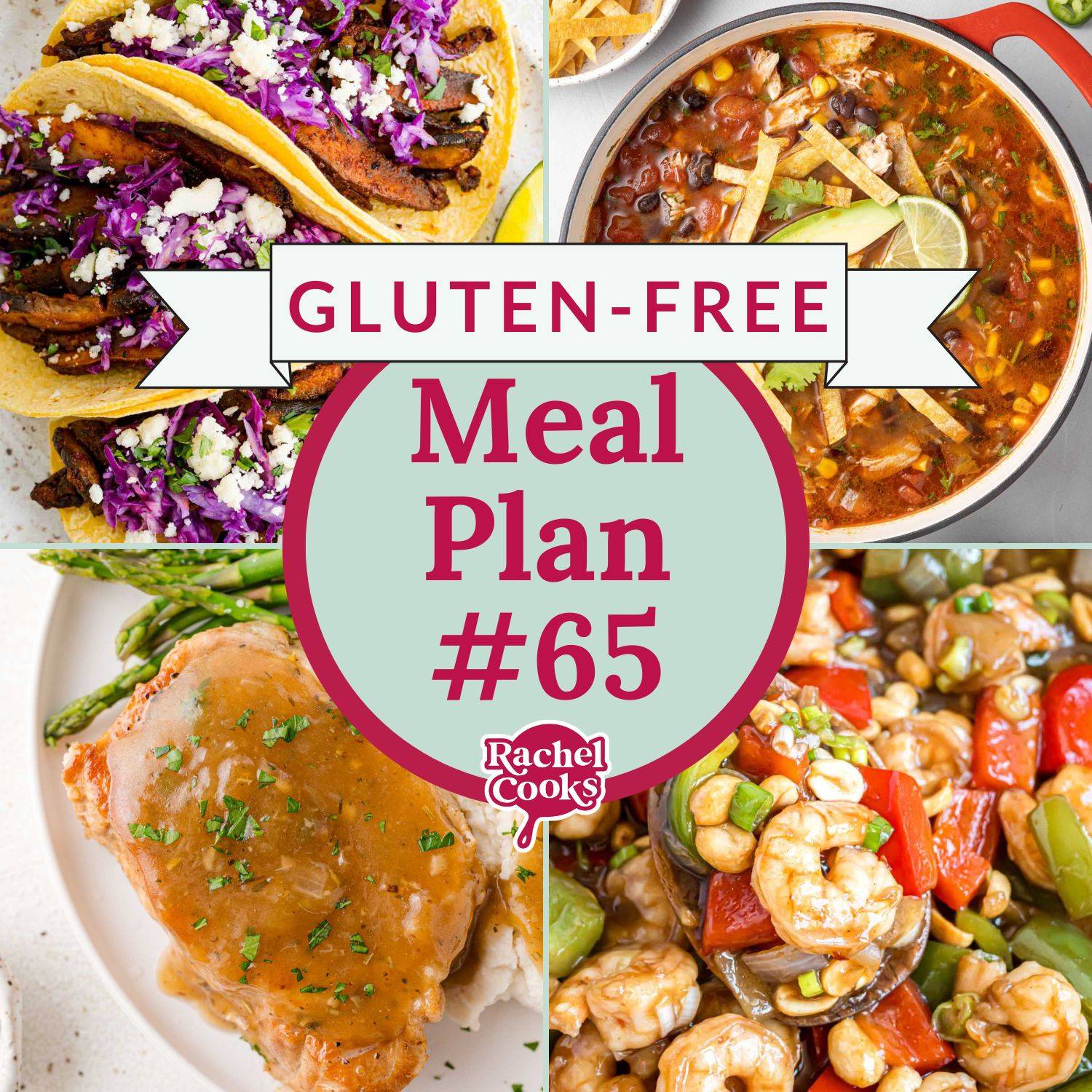 Meal plan graphic with four recipe images and text that reads "gluten-free meal plan #65."