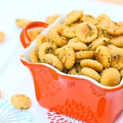 oyster crackers in an orange bowl
