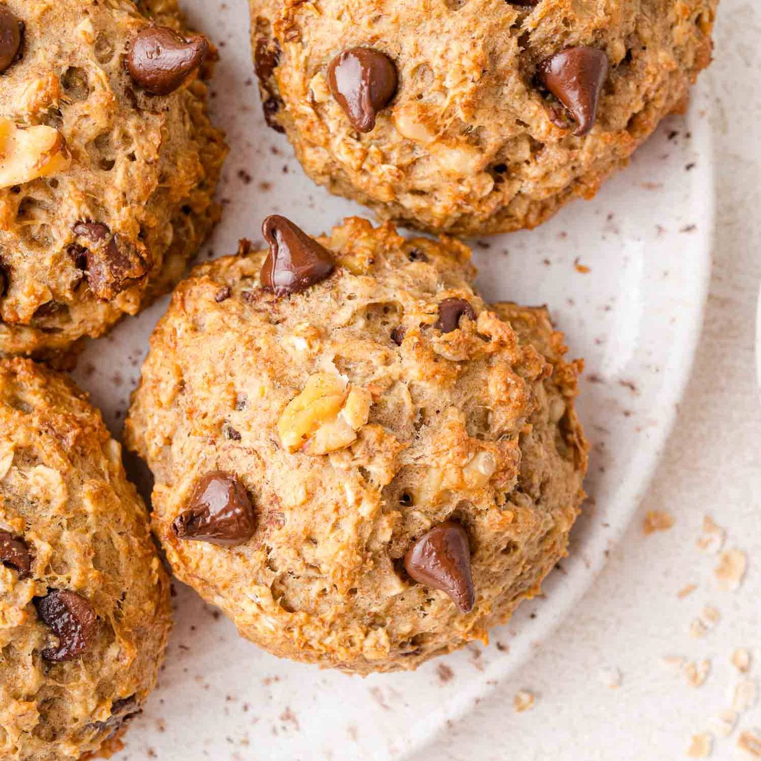 Chocolate chip breakfast cookies on a speckled plate.