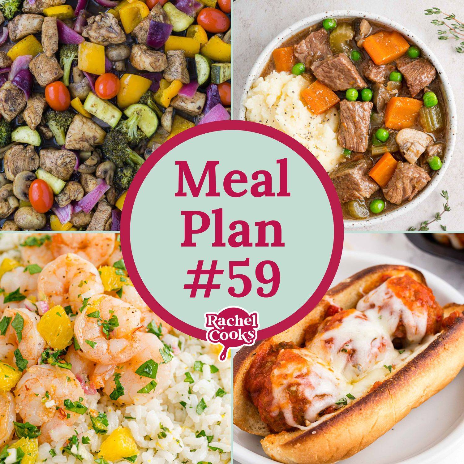 Meal plan graphic with photos of four recipes, and text that reads "meal plan 59."