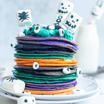 Halloween pancakes stacked high.