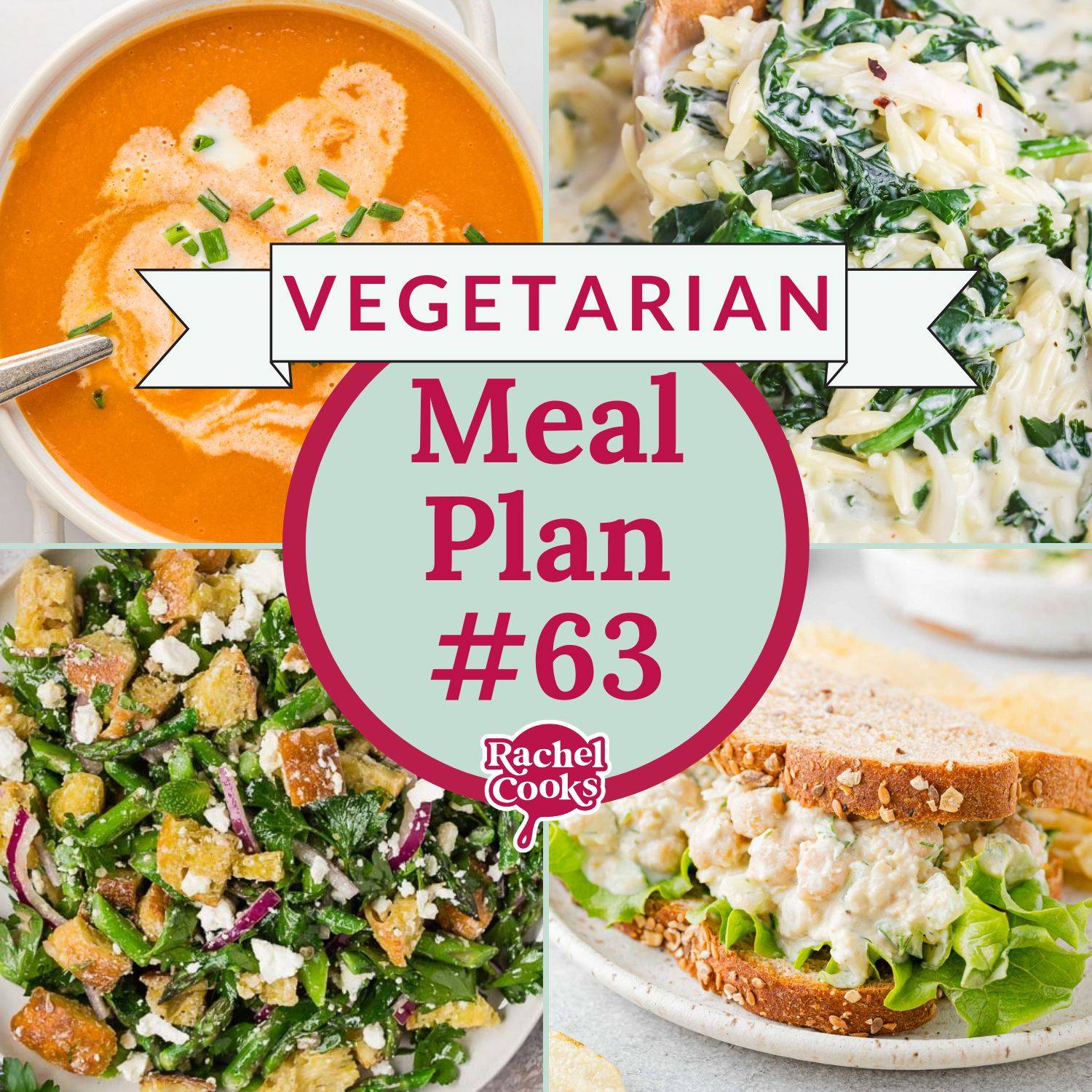 Meal plan graphic with photos of recipes included and text that reads "vegetarian meal plan #63."