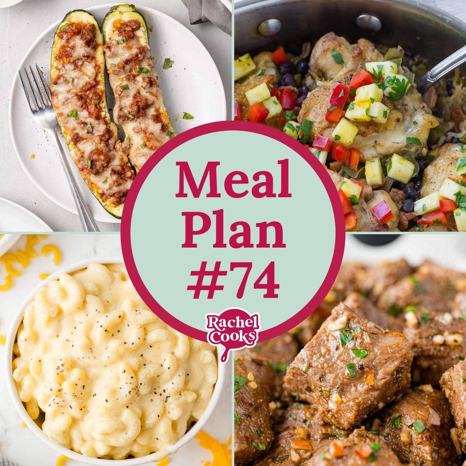 Meal plan graphic with photos of recipes included and text that reads "Meal plan #74."