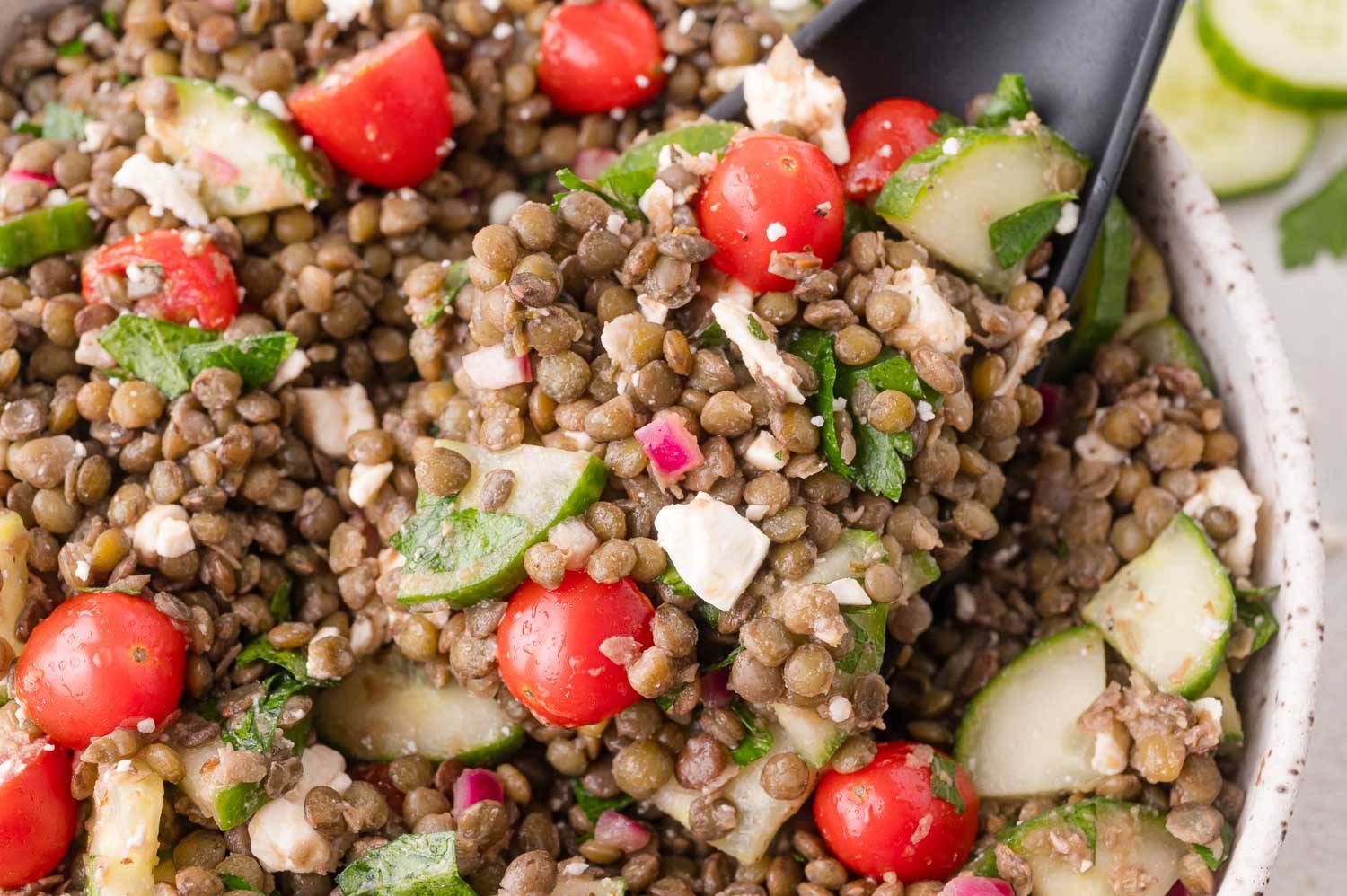 Close up of lentil salad with feta, tomatoes, parsley, cucumber.