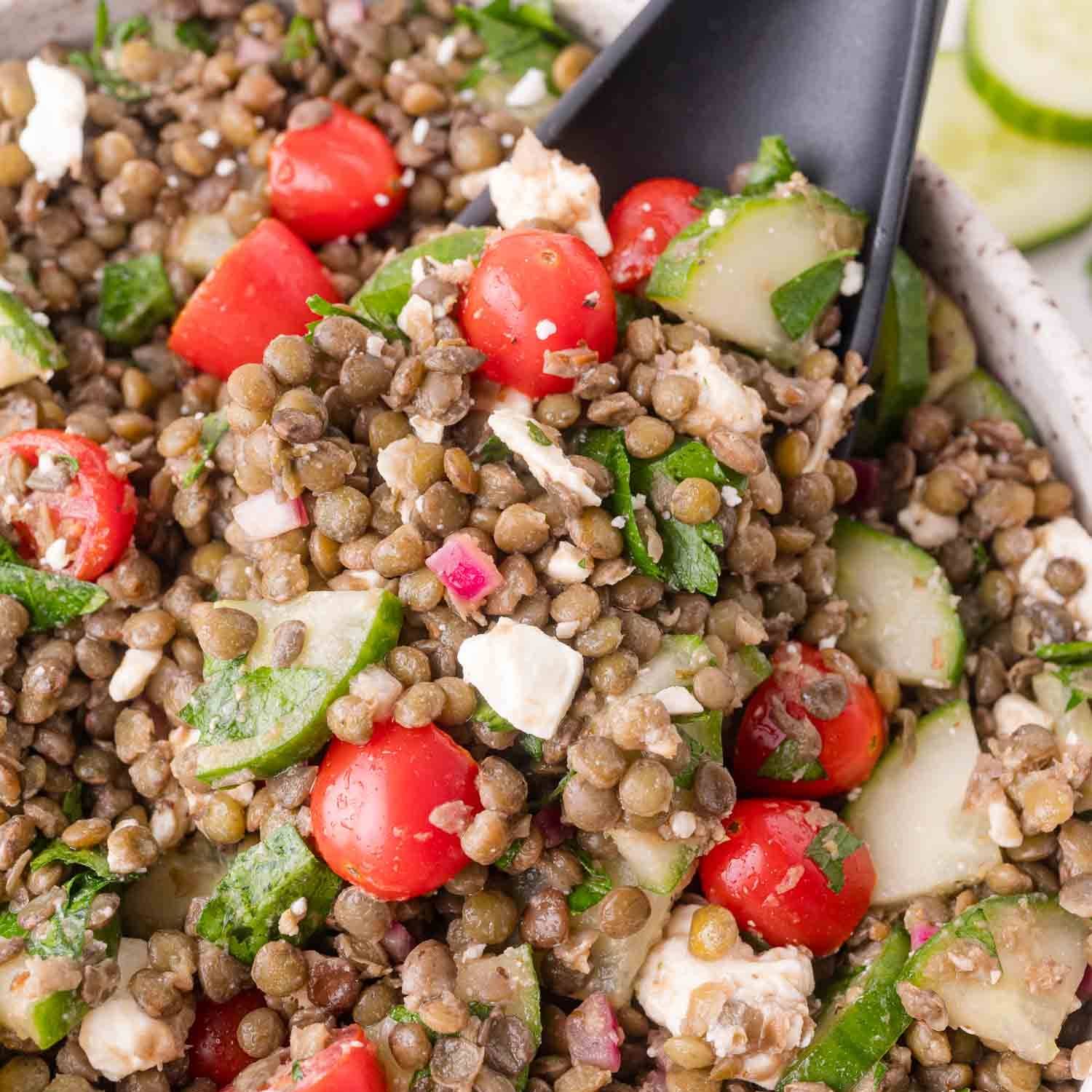 Lentil salad with vegetables and feta cheese.