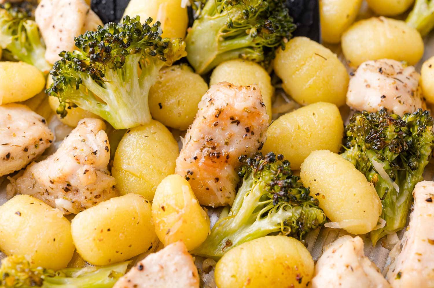 Garlic butter sheet pan gnocchi with broccoli and chicken.