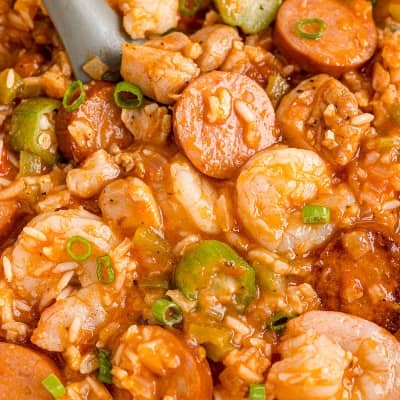 Close up view of jambalaya.
