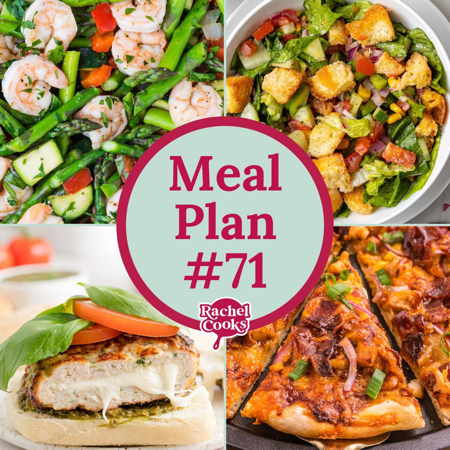 Graphic containing four recipe images (stir fry, salad, burger, pizza) and a text overlay that reads "meal plan #71."