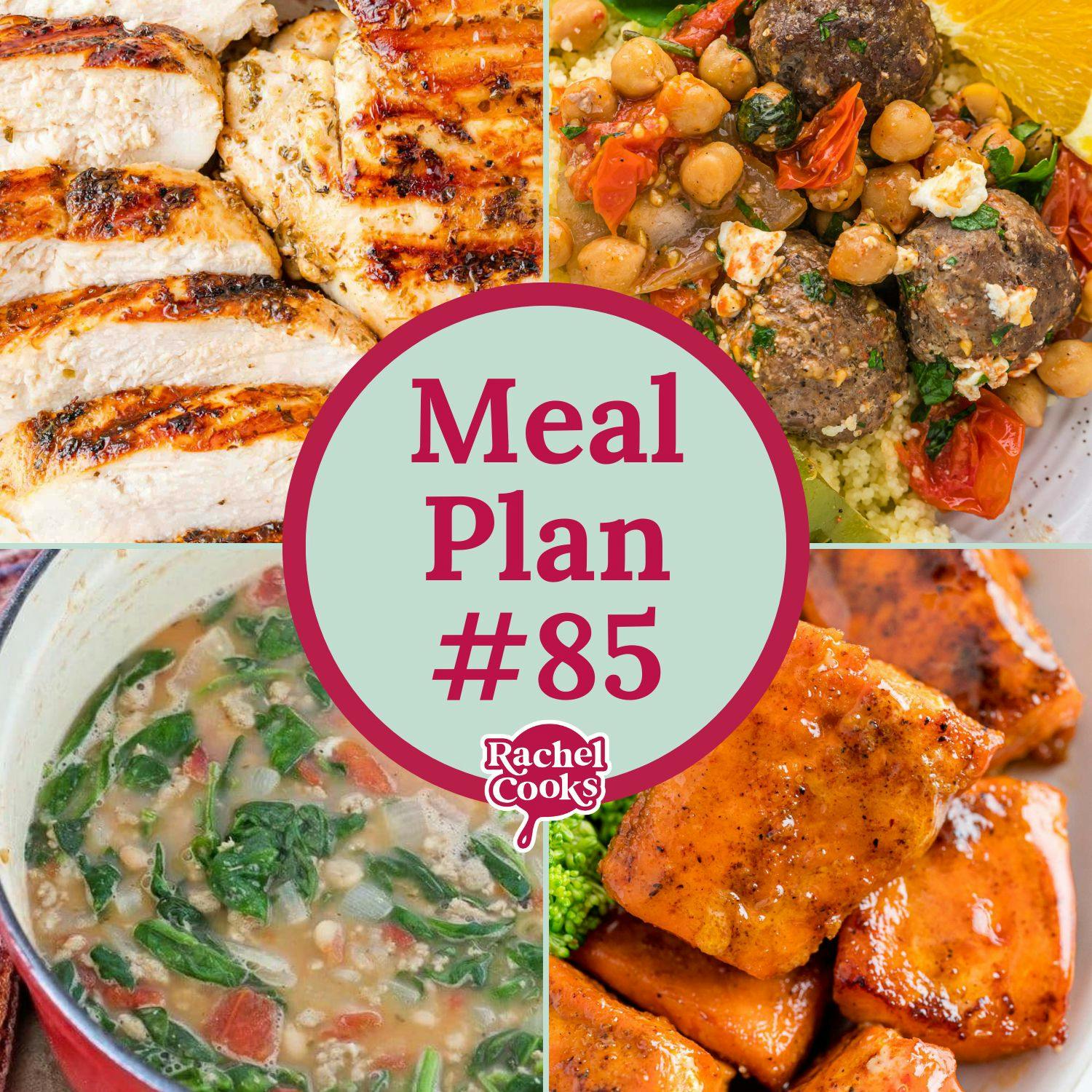 Meal plan image with four recipe photos and text that reads "meal plan #85."