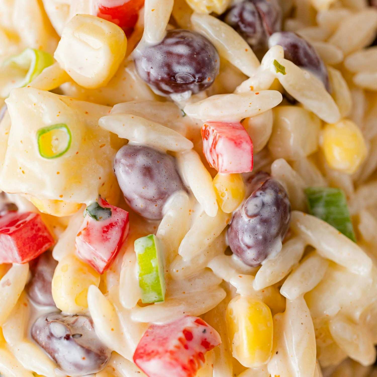 Close up imager of creamy orzo, red bell peppers, black beans, green onions, corn.