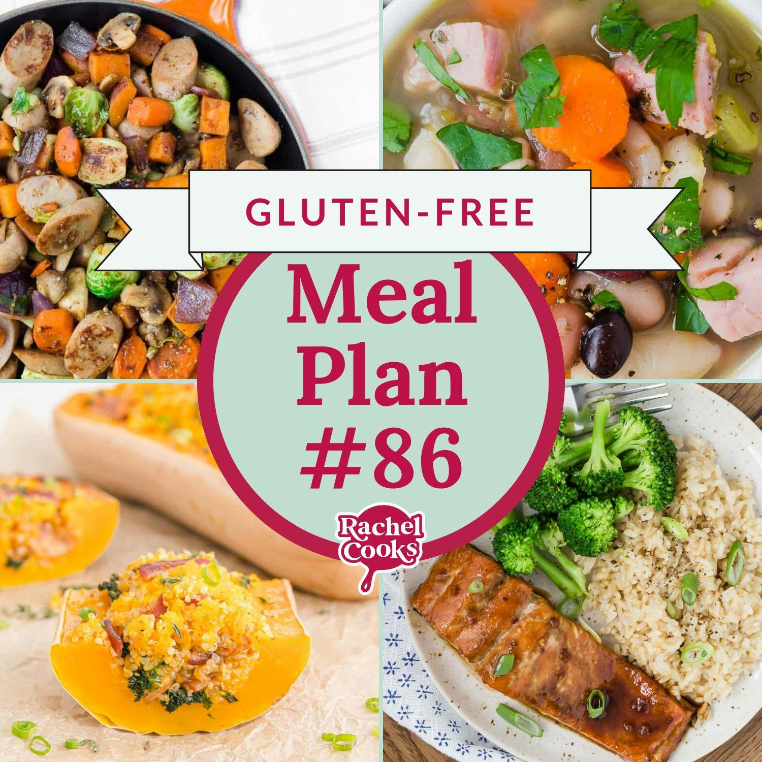Meal plan graphic with four recipe photos and text that reads "gluten-free meal plan #86."