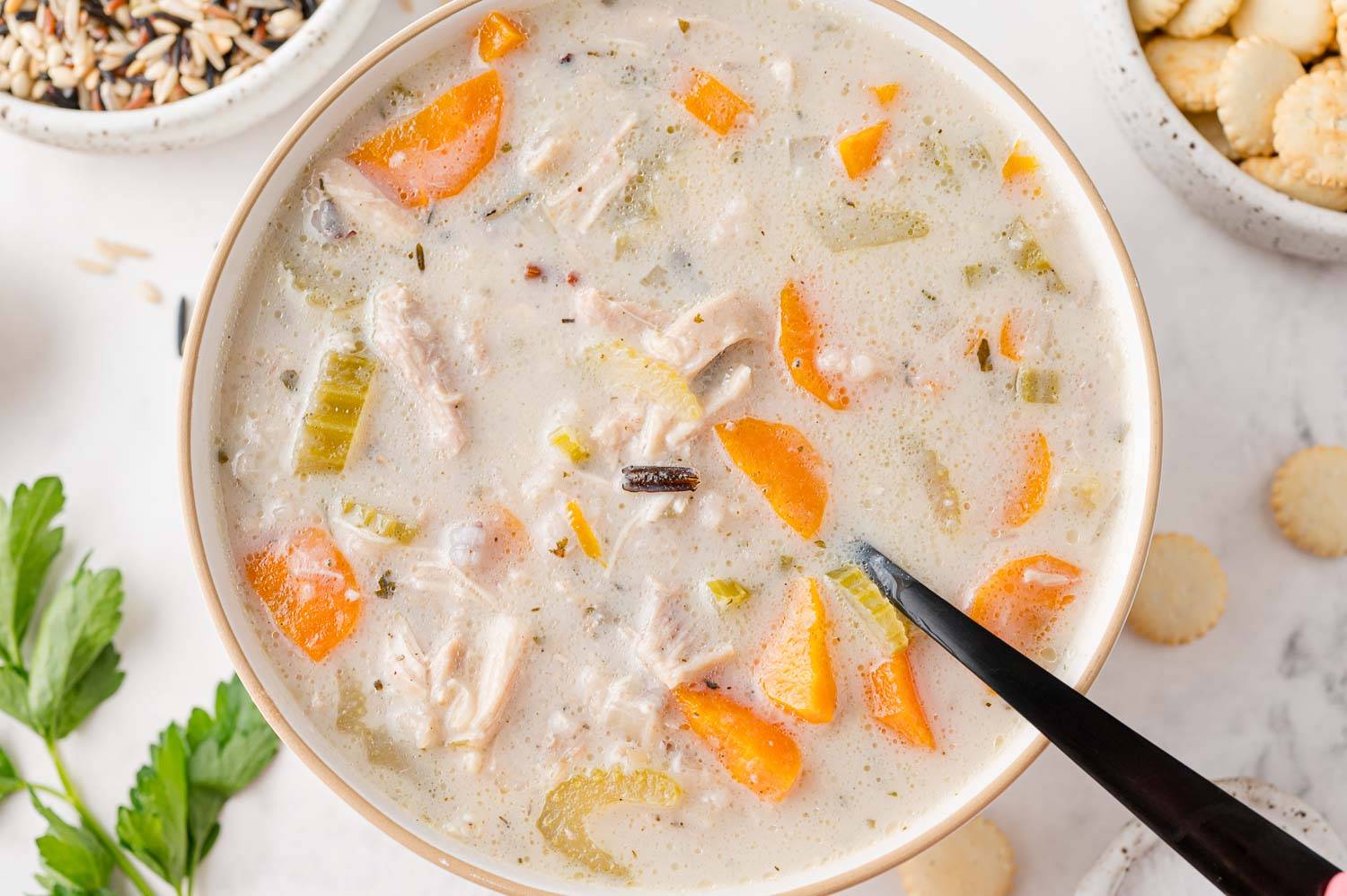 Chicken wild rice soup in a bowl.