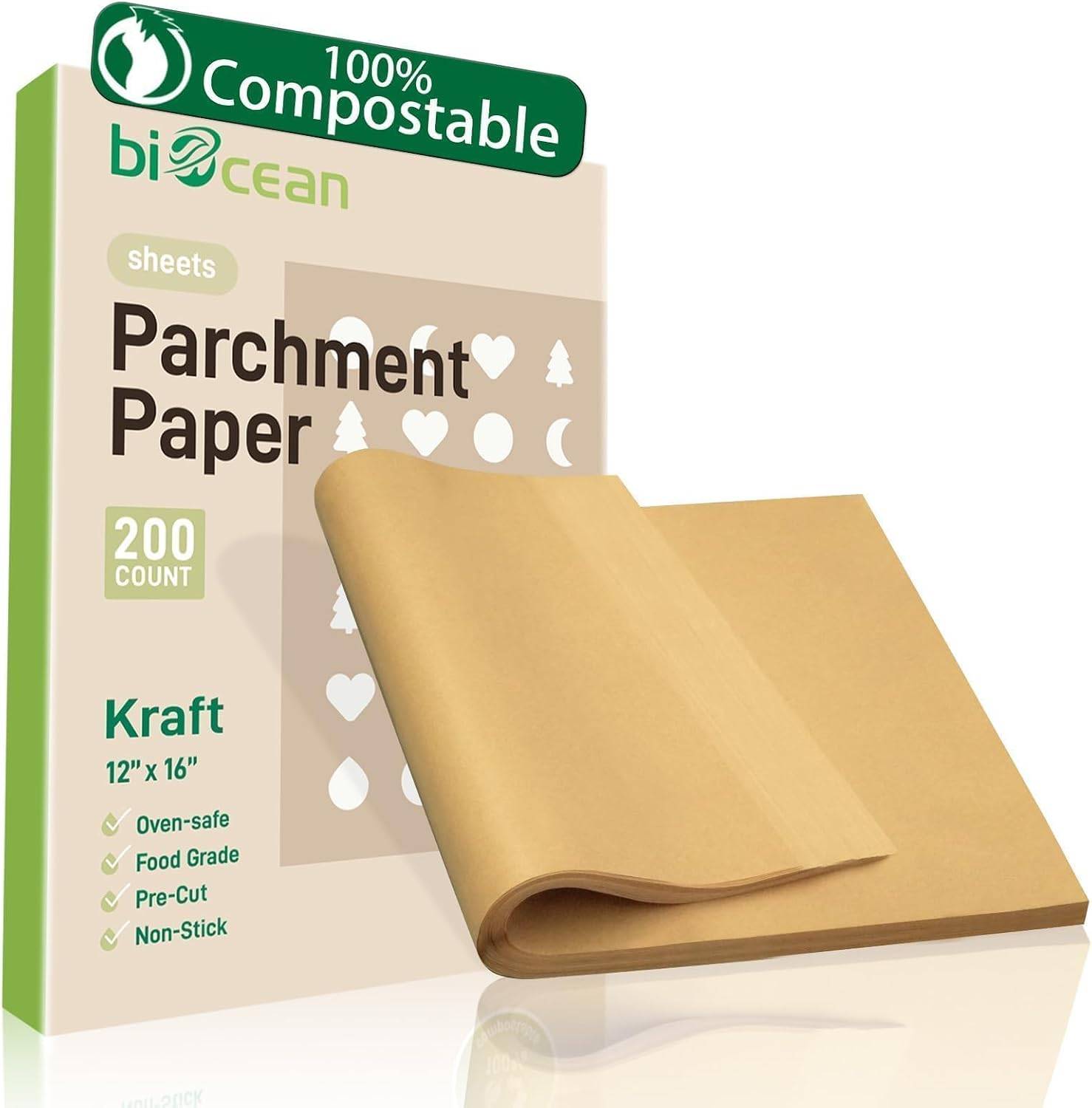 Brown parchment paper sheets in front of packaging.