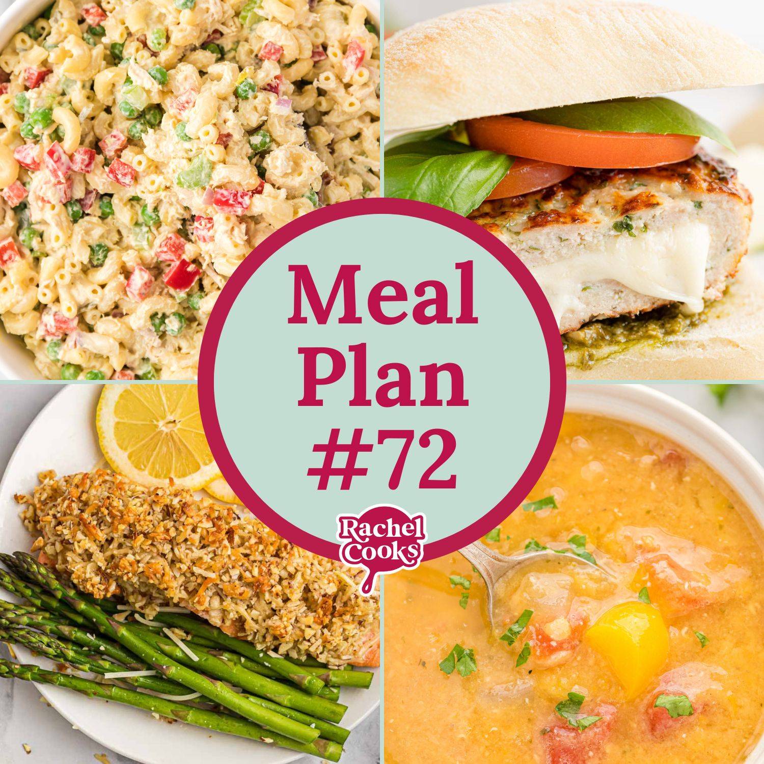 Meal plan graphic, four recipe photos shown, text overlay reads "meal plan #72."