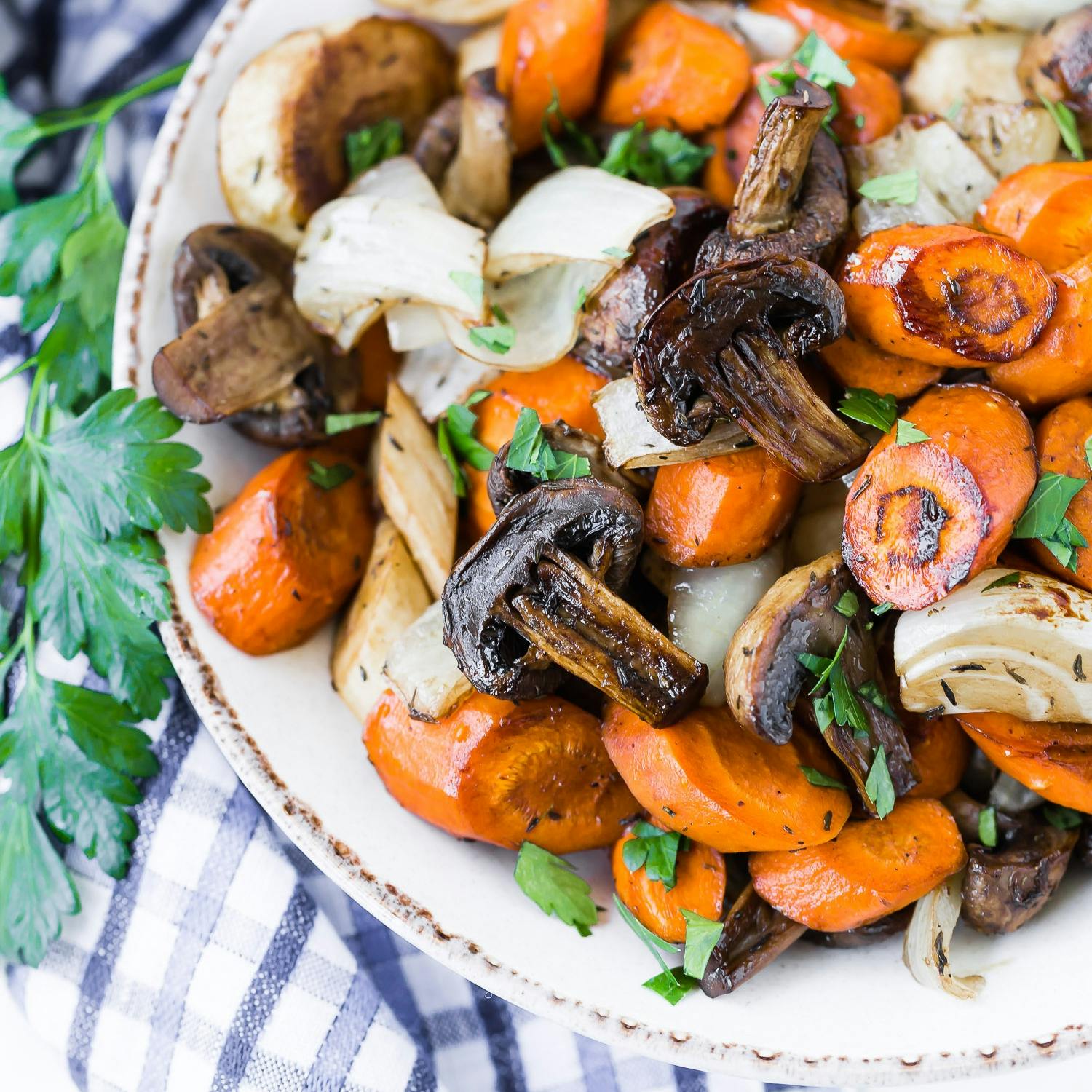 Balsamic roasted vegetables in a bowl.