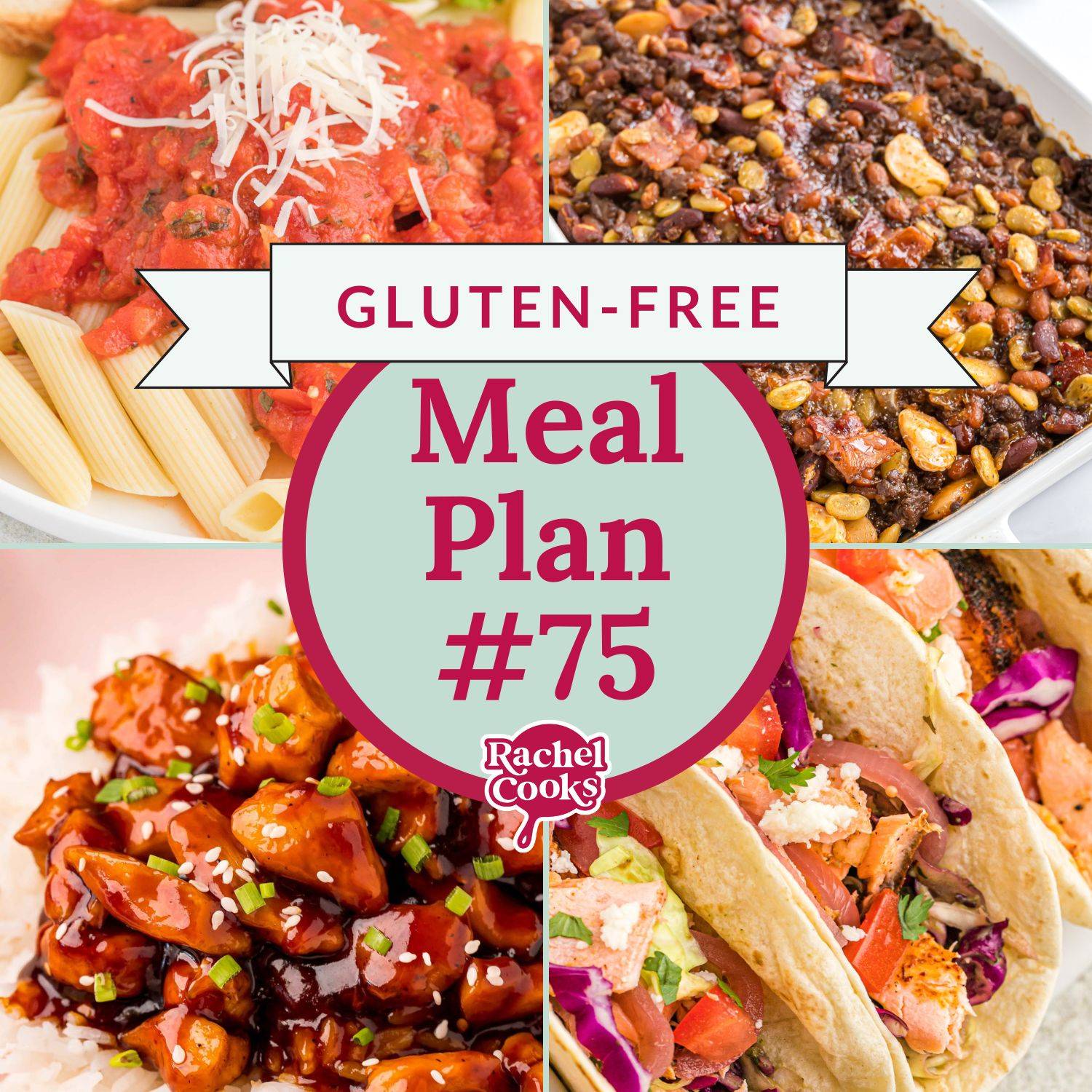 Meal plan 75 preview image, showing recipe images and text that reads "gluten-free meal plan, #75."