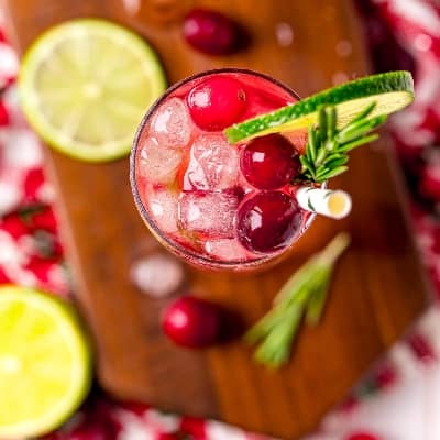 overhead view of a cranberry gin and tonic