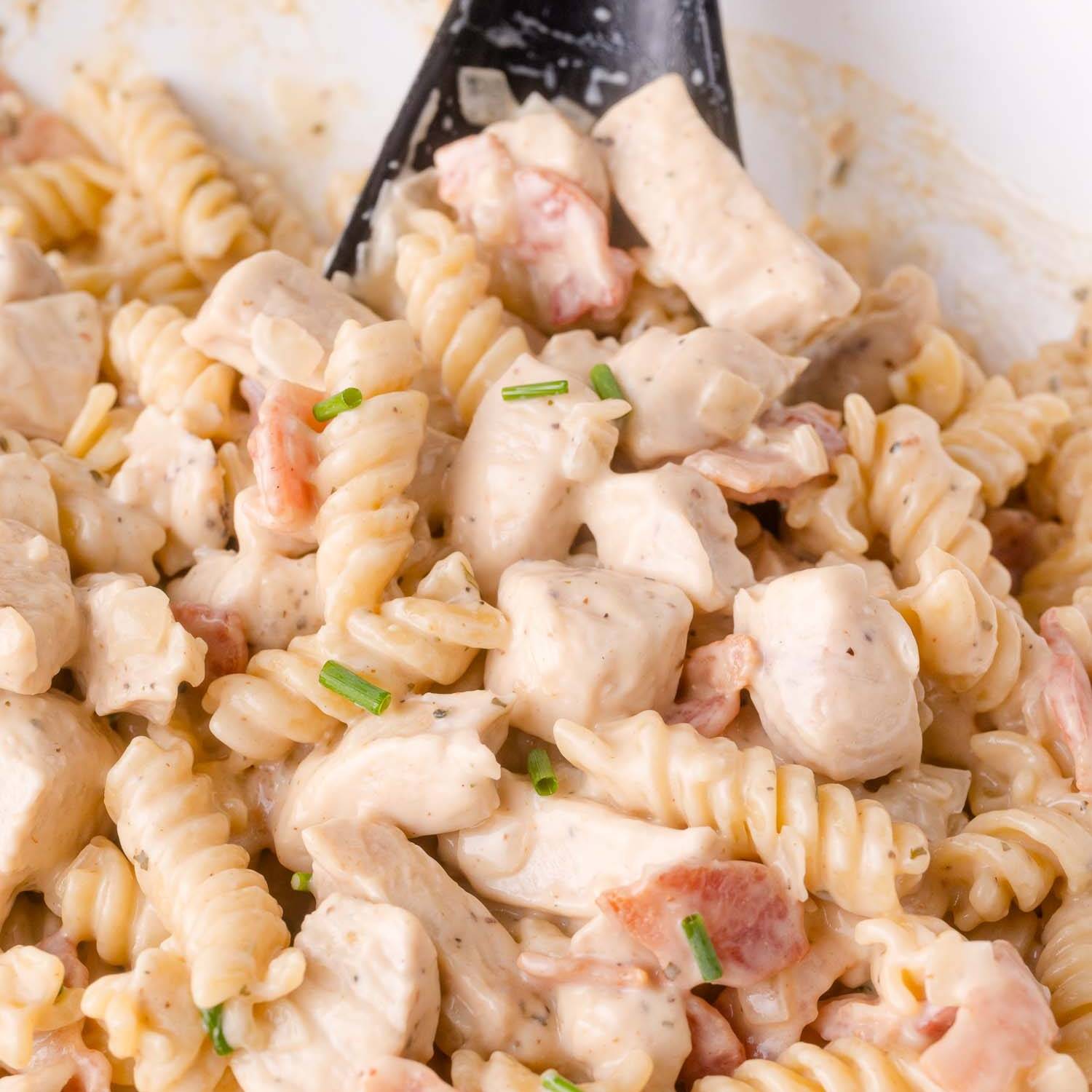 Rotini pasta with bacon, chicken, and a ranch sauce.