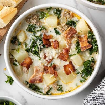 Zuppa Toscana in a white bowl.