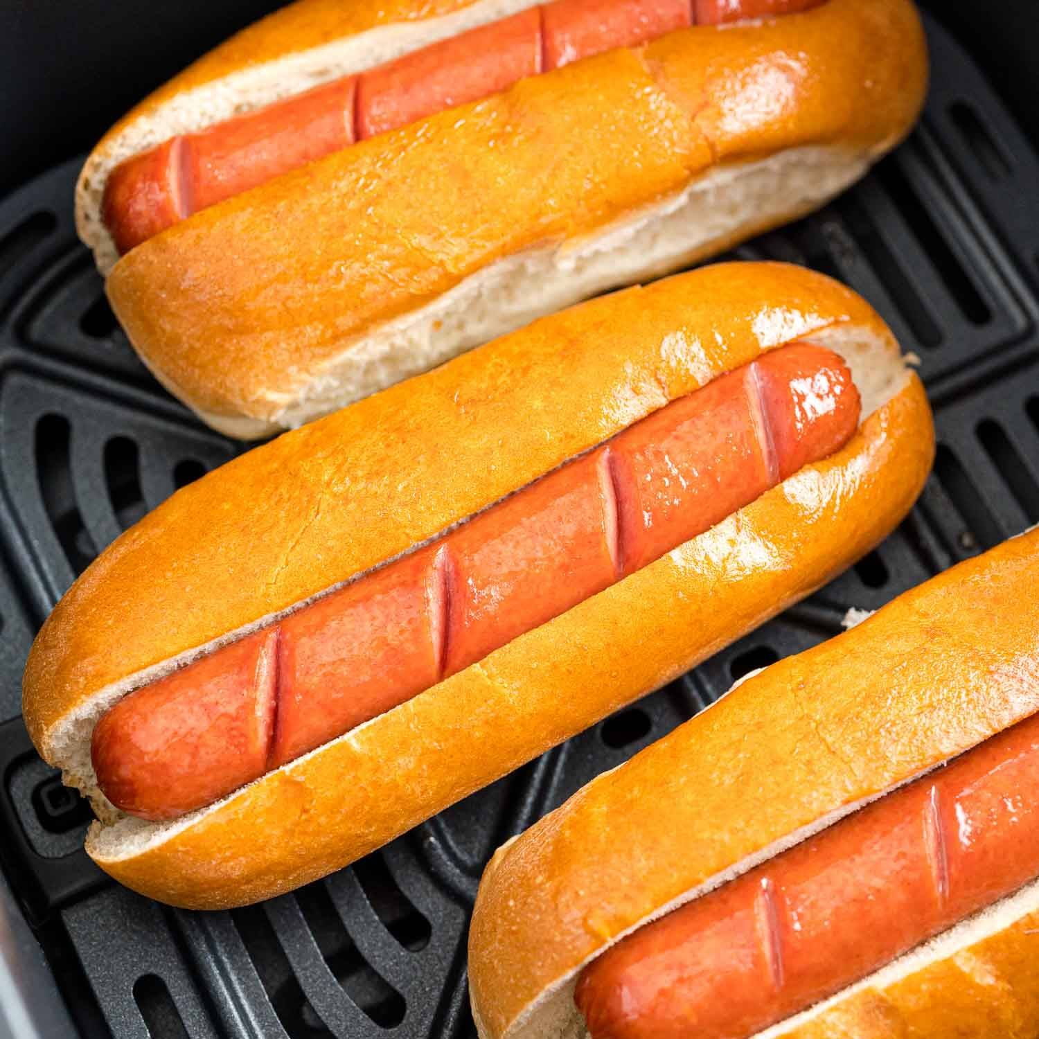 Air fryer hot dogs, still in air fryer.