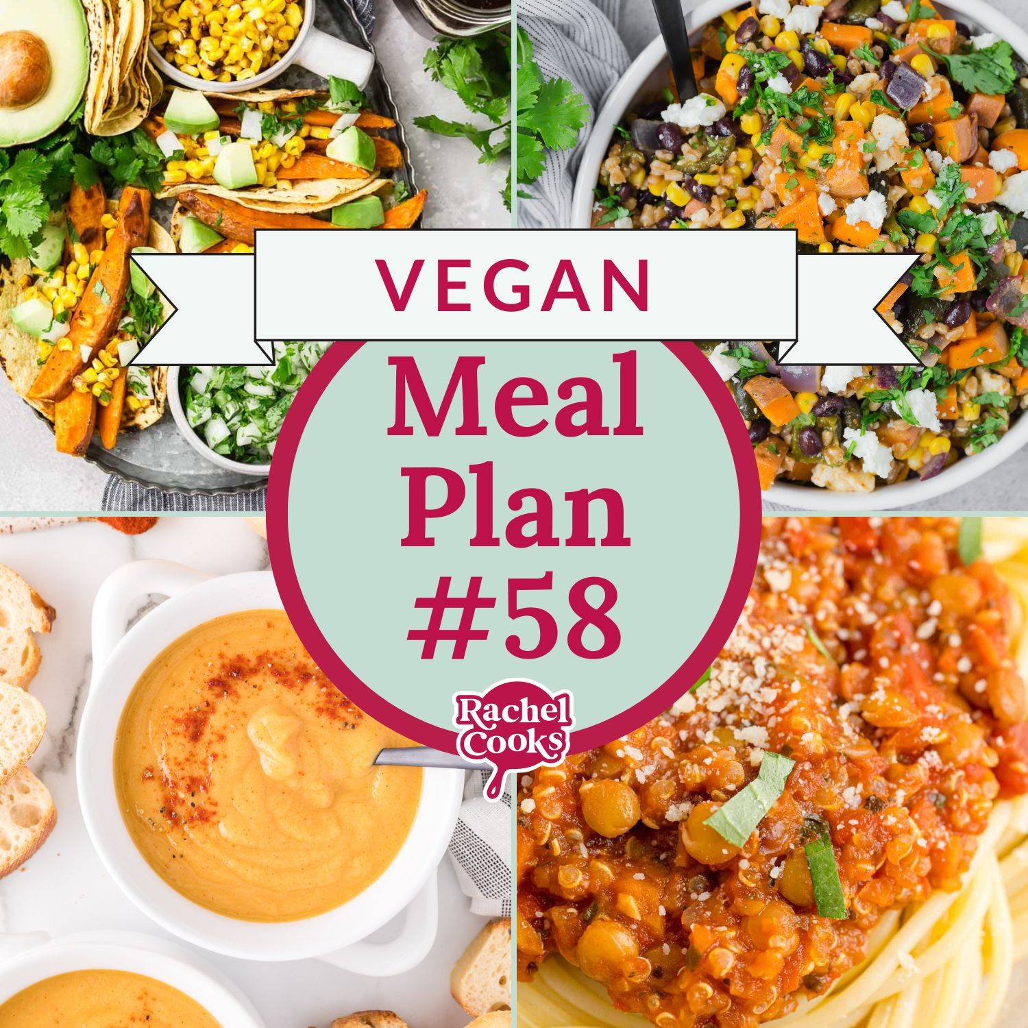 Mean plan preview image showing recipes included and a title that reads "vegan meal plan #58."