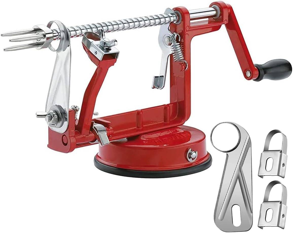 Red apple corer slicer tool against white background.