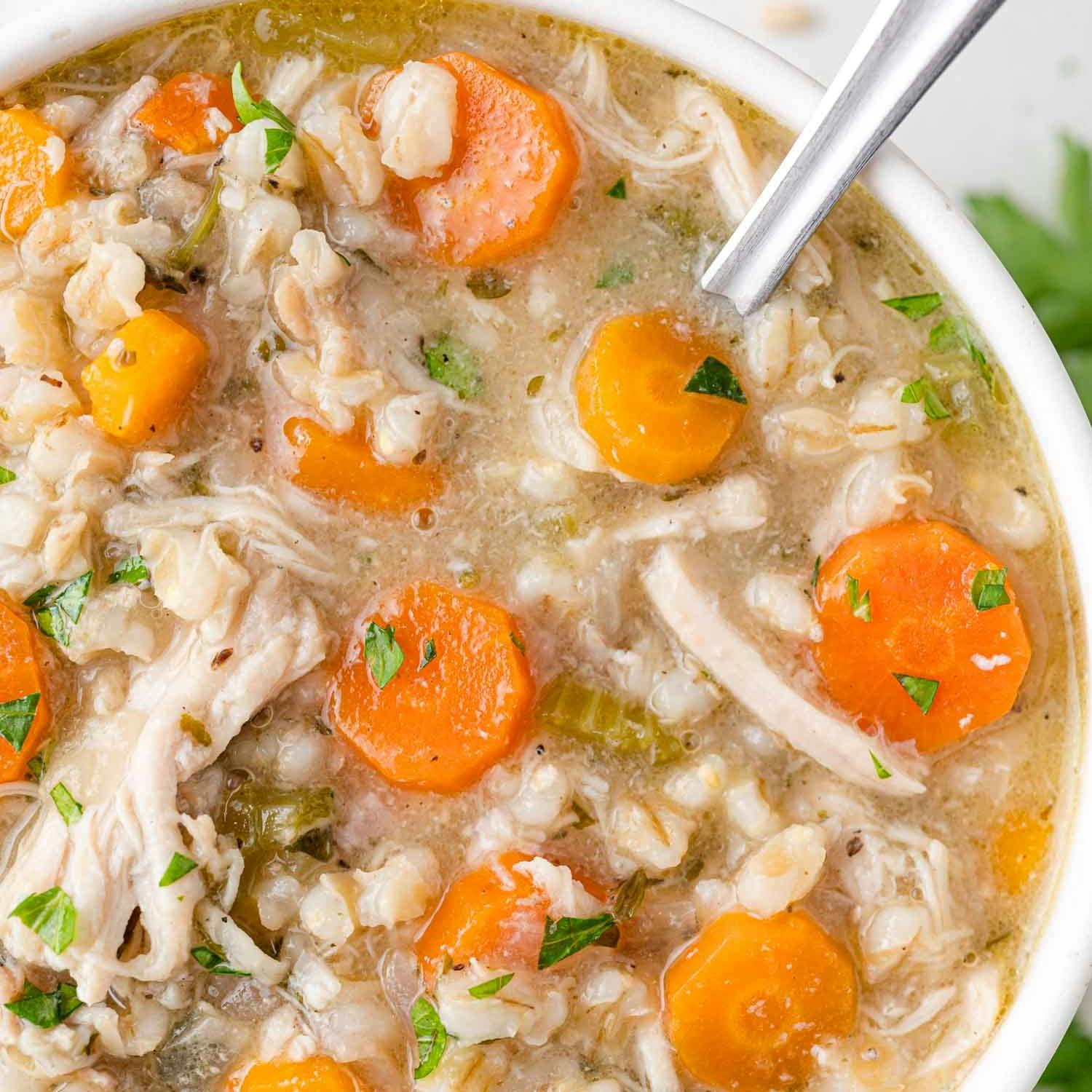 Chicken barley soup in a white bowl.