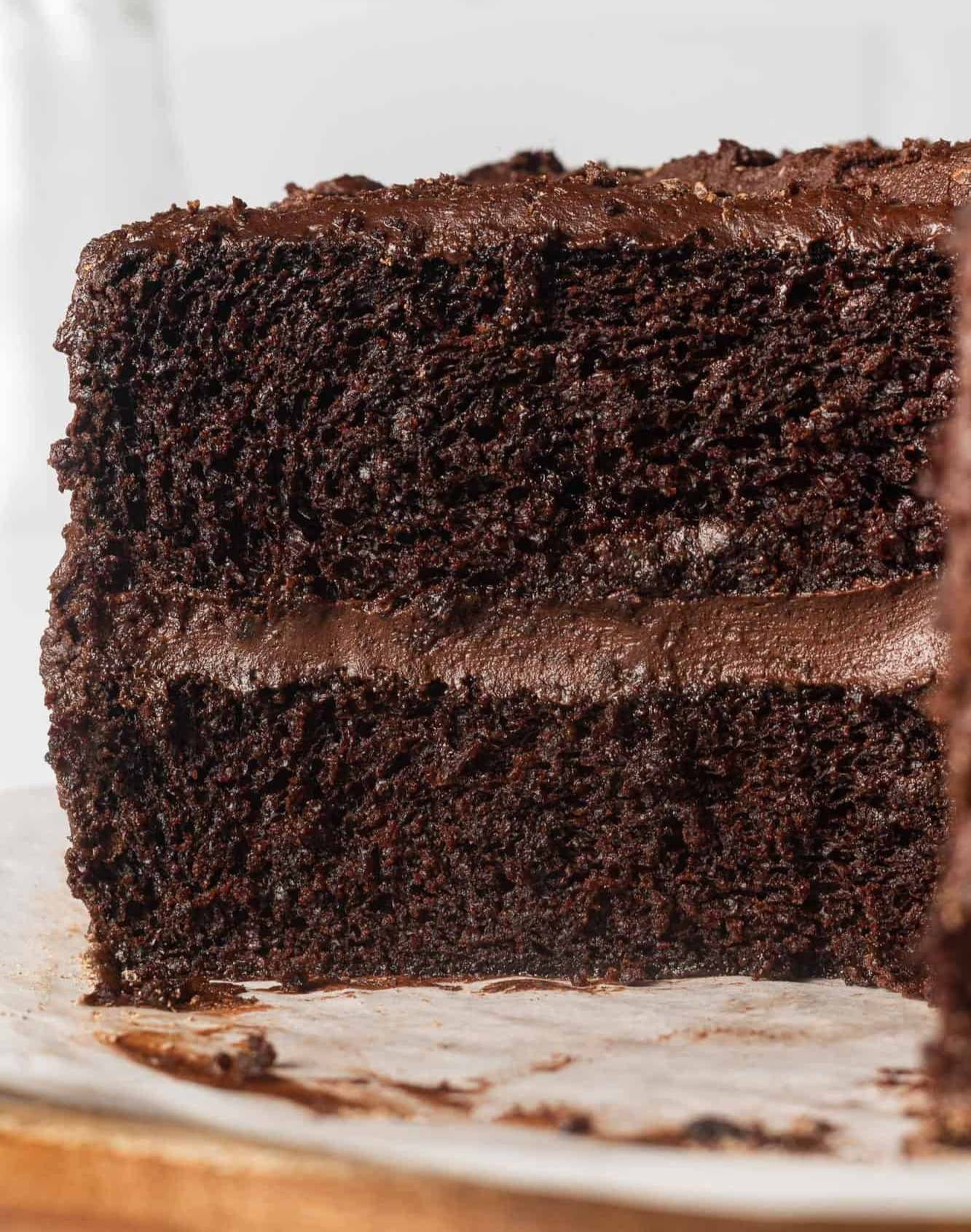 Close up of two layer chocolate cake with chocolate frosting, cut to show texture.