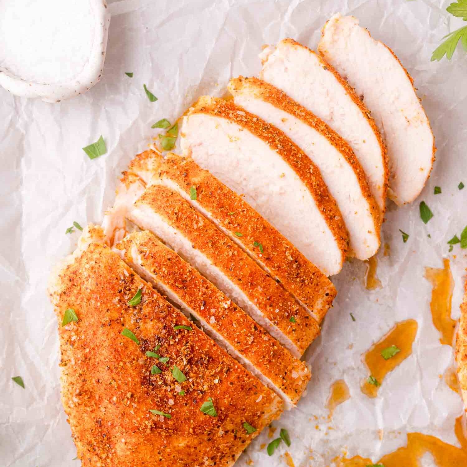 Baked chicken breast, cut into slices.