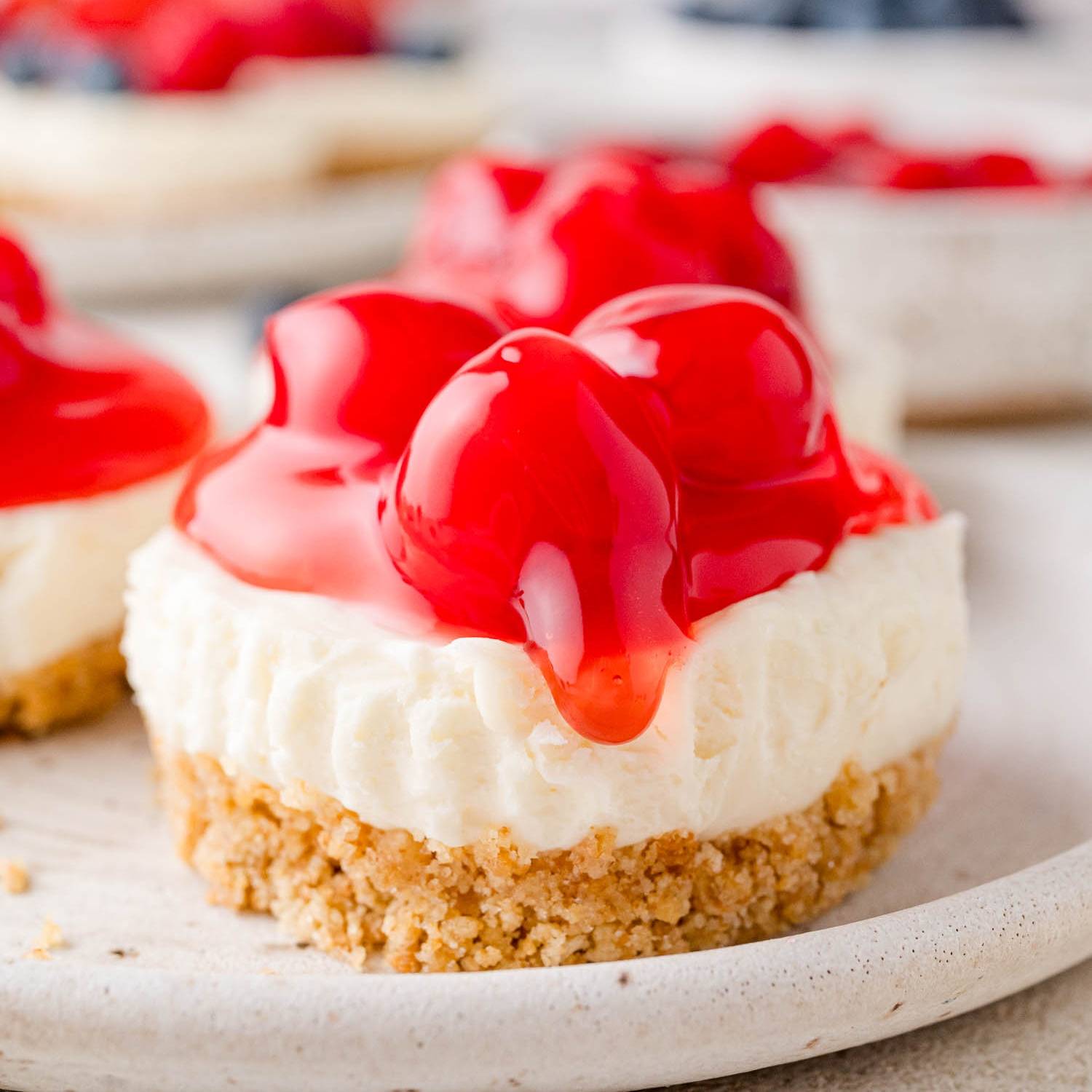No bake mini cheesecake, topped with cherry pie filling.