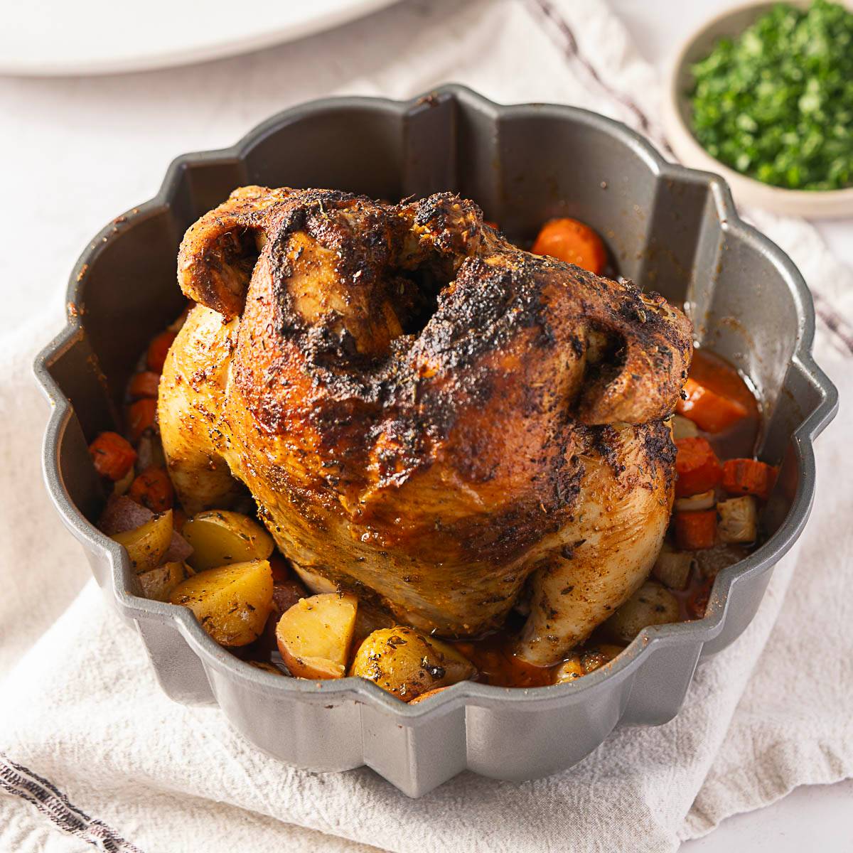 roasted chicken in a bundy pan