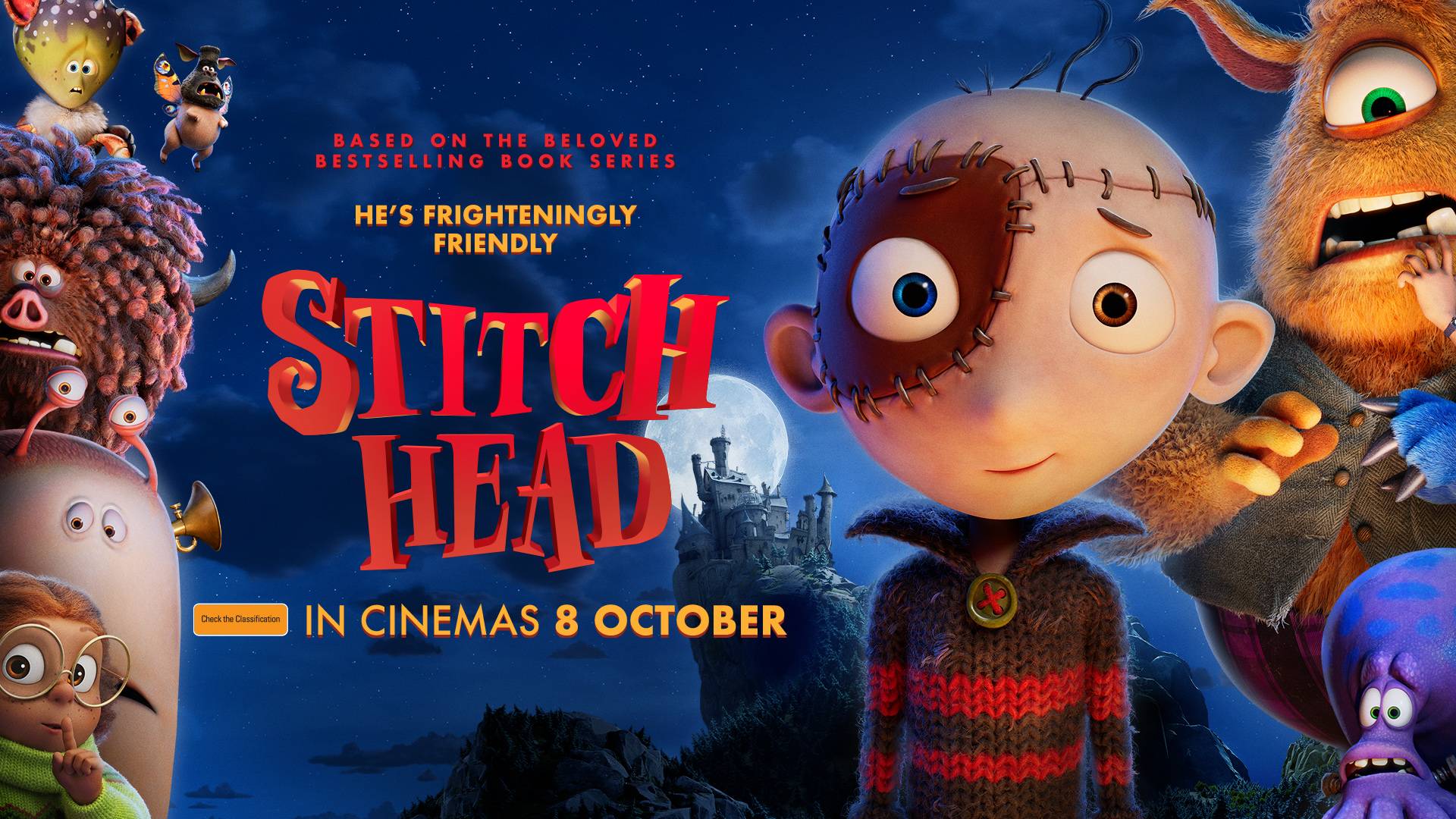 Movie poster for Stitch Head, showing a stitched-together boy character with mismatched eyes standing in front of a moonlit castle, surrounded by several furry monster characters. Text reads: In cinemas 8 October.