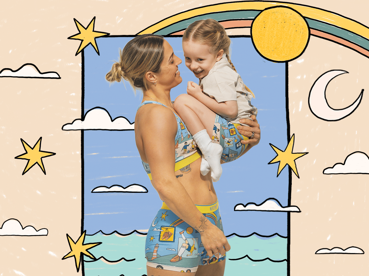Illustrated collage of a woman in Knobby activewear holding up a laughing child, framed by hand-drawn stars, clouds, a rainbow, sun and moon