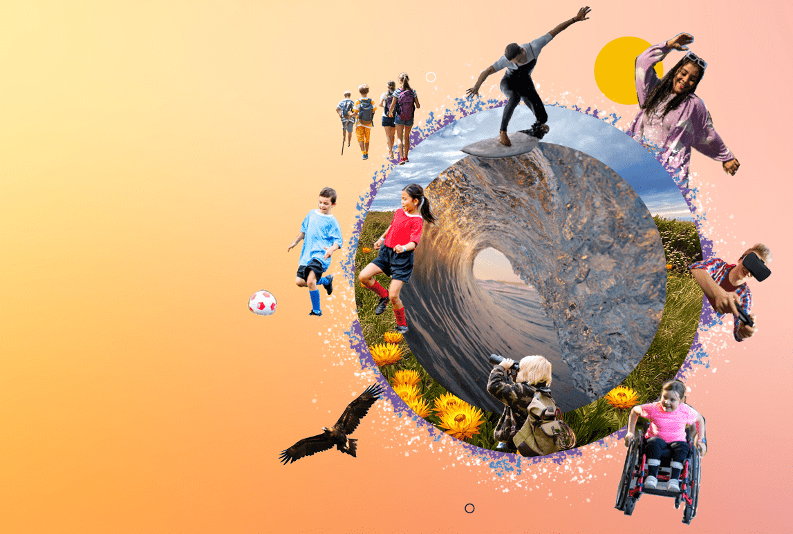 A circular collage on an orange-to-yellow gradient background. At the centre, a wave curls into a tunnel shape with a surfer riding along its top edge. Around the circle are cut-out images of young people: a group walking with backpacks, two kids playing 
