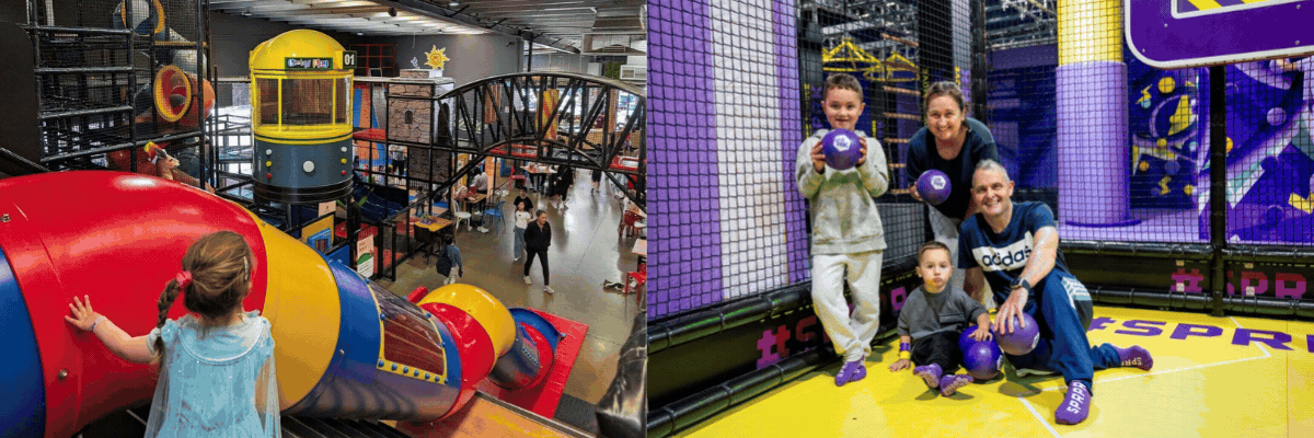 Split image: on the left, a toddler at the entrance of a red, yellow and blue tube slide inside a multi-level indoor playground with tunnels and walkways. On the right, two adults and two children hold purple soft play balls while kneeling on yellow flooring in an indoor sports area with purple padded walls.