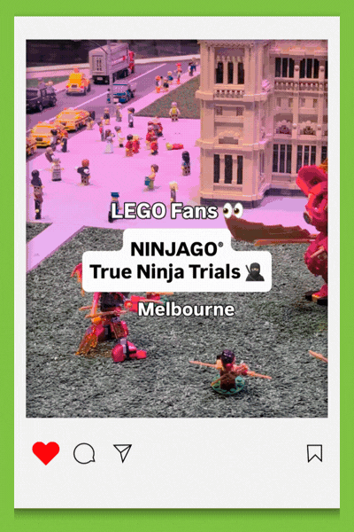 An animated GIF showing LEGO® NINJAGO-themed builds and minifigures on display at LEGOLAND® Discovery Centre Melbourne.