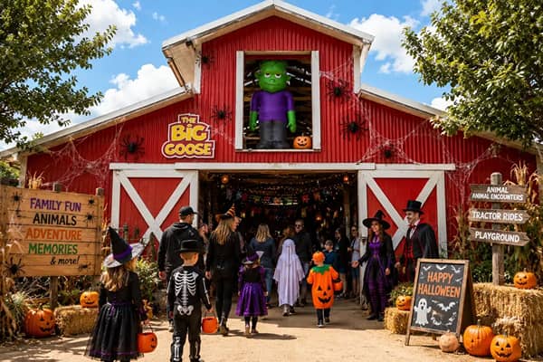 Families in Halloween costumes walk into a red barn decorated with fake spider webs and spiders. Kids are dressed as a witch, a skeleton, a pumpkin and a ghost, and a green inflatable monster looks out from the loft window. Pumpkins and hay bales sit on e