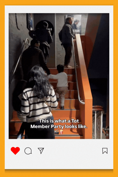 An animated GIF showing families and children climbing the stairs at Lido Cinemas, with the text overlay "This is what a Tot Member Party looks like" and popcorn and clapperboard emojis, framed in a stylised Instagram reel format with a bright orange border.