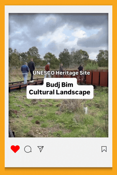 Instagram story preview of people walking along a boardwalk through wetland grasses, with on-screen text reading UNESCO Heritage Site and Budj Bim Cultural Landscape.