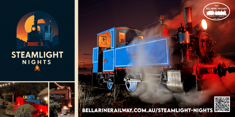 A blue heritage steam train glows in the evening light alongside the Steamlight Nights logo and event details from Bellarine Railway.