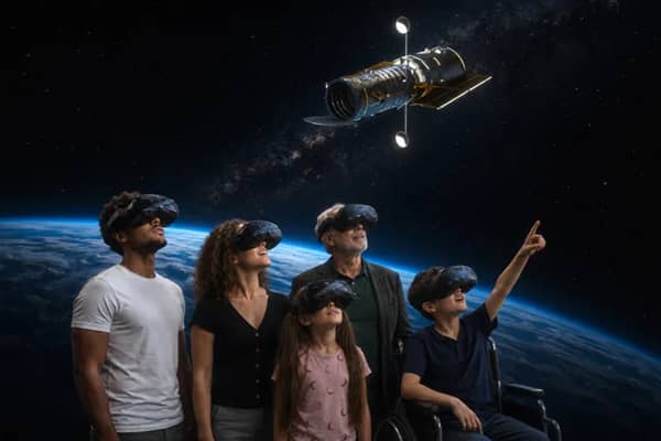 A family of five wearing VR headsets stands together looking upward, superimposed against a starry space backdrop with Earth's curved horizon below and a satellite-like telescope floating above them. One family member, seated in a wheelchair, points upward.