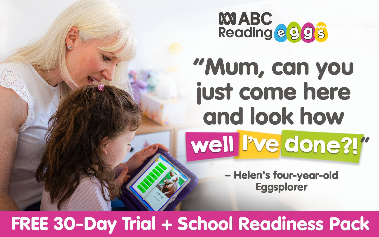 a mother and her daughter using an educational program called ABC Reading Eggs on a digital tablet