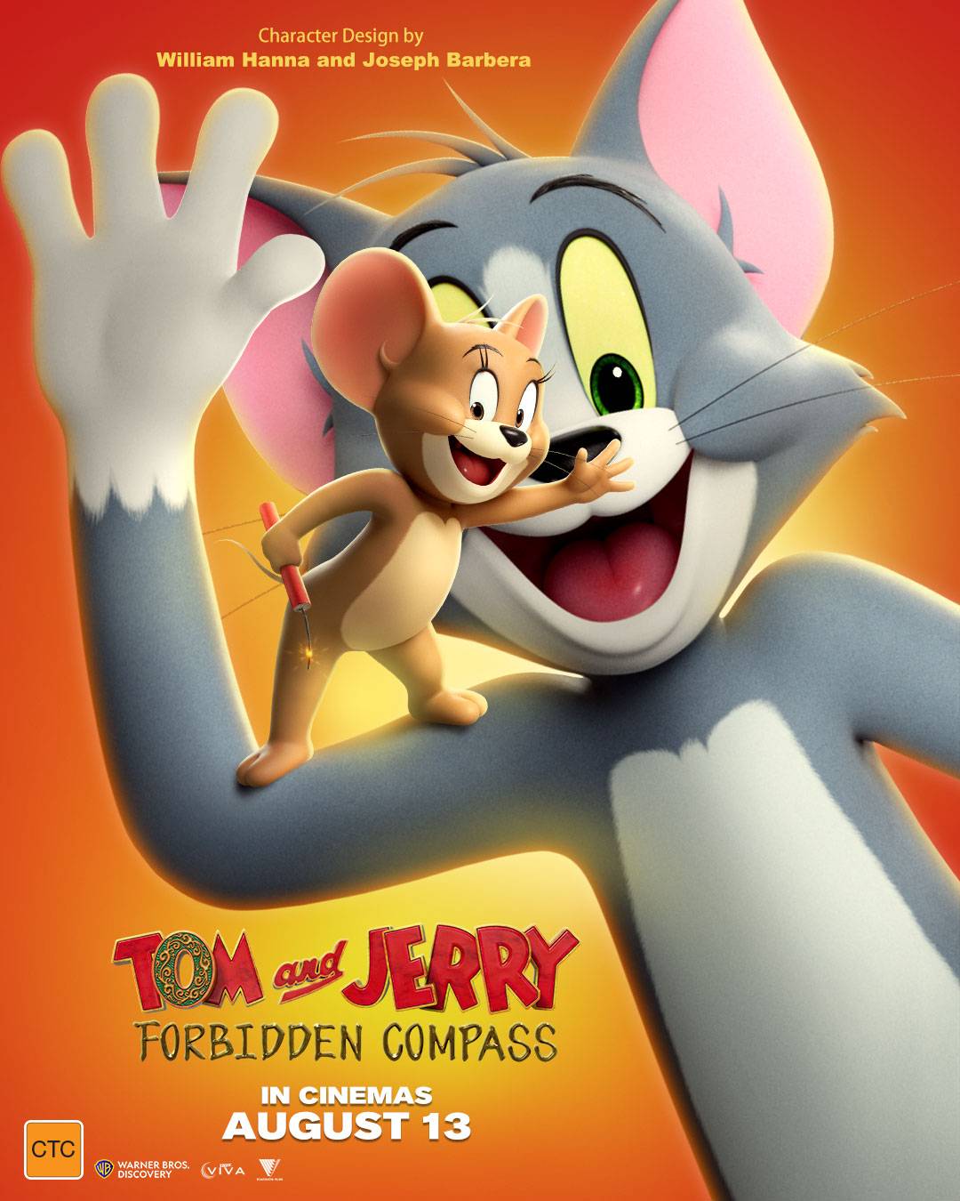 Poster for Tom and Jerry: Forbidden Compass, showing Tom the cat grinning with a raised paw beside Jerry the mouse holding a lit firecracker, on an orange gradient background, with the film title, an August 13 cinema release date and distributor logos below.