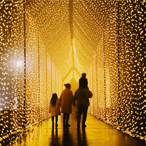 A family walking through a tunnel of thousands of warm golden lights at Electric Wonderland, Rosalind Park, Bendigo.